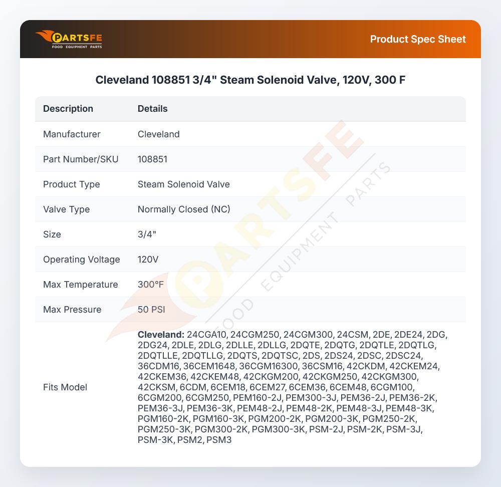 Cleveland 108851 Convection Steamer Steam Solenoid Valve 3/4" 300&deg;F 120V