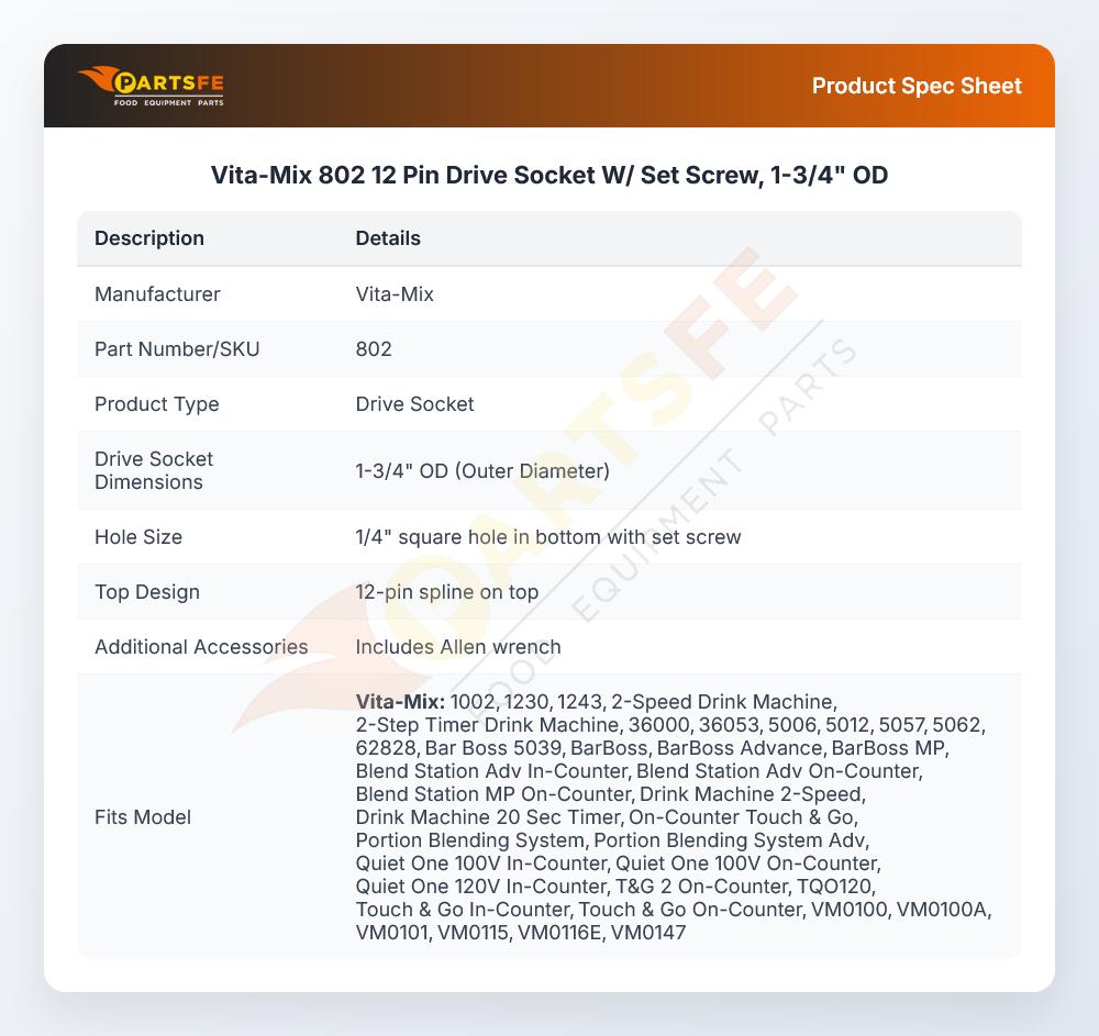 Vita-Mix 802 Drive Socket 12 Pin W/ Set Screw 1-3/4" OD