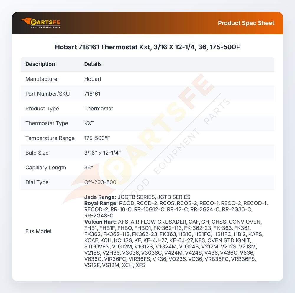 Hobart 718161 Thermostat KXT 3/16" X 12-1/4" 36" 175-500&deg;F