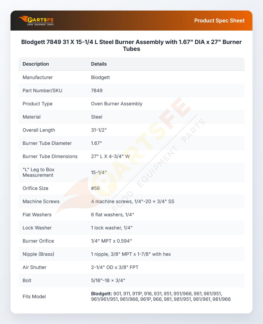 Blodgett 7849 31 X 15-1/4 L Steel Burner Assembly with 1.67" DIA x 27" Burner Tubes