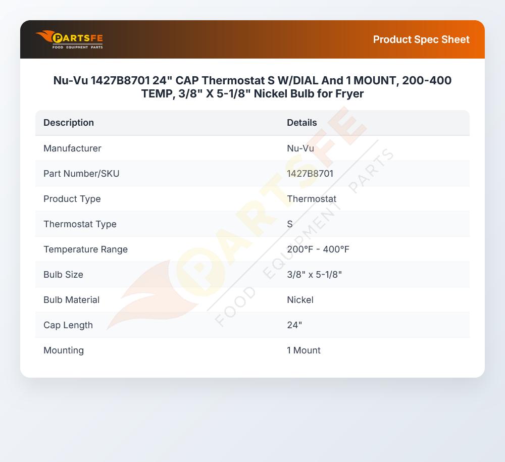 Nu-Vu 1427B8701 Thermostat 200&deg;F-400&deg;F 3/8" X 5-1/8" 24" CAP S-Type