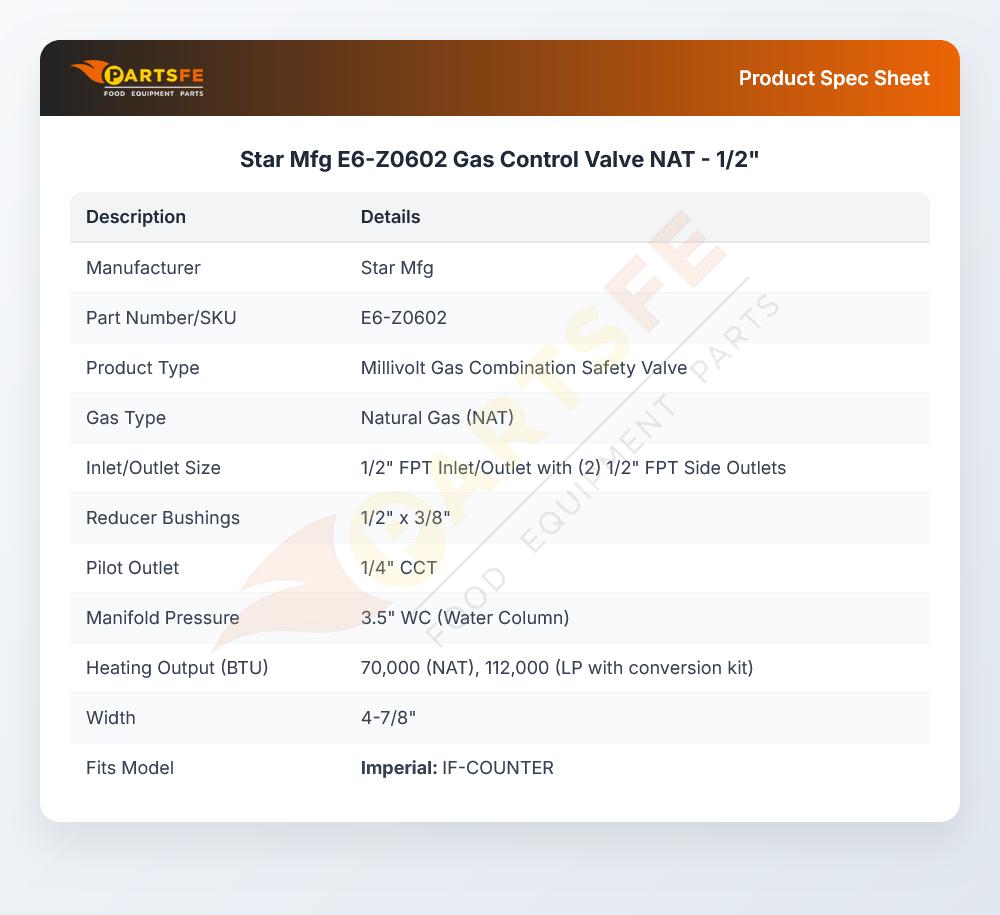 Star Mfg E6-Z0602 Gas Control Valve NAT - 1/2"