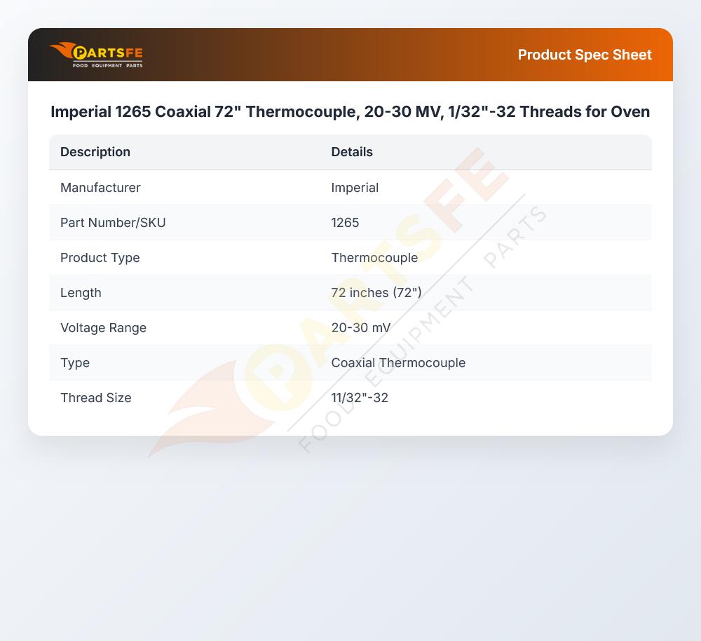 Imperial 1265 Thermocouple Coaxial 72" 20-30mV 1/32"-32 Threads