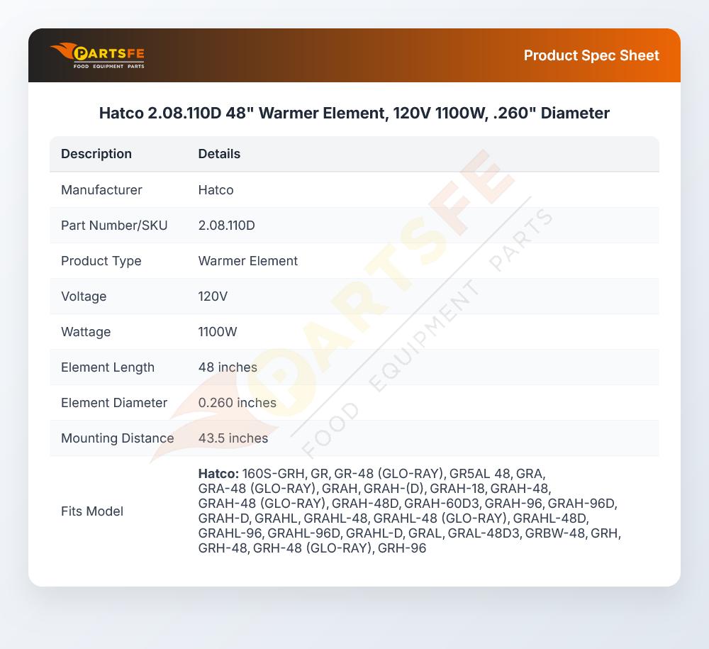 Hatco 2.08.110D 48" Warmer Element, 120V 1100W, .260" Diameter