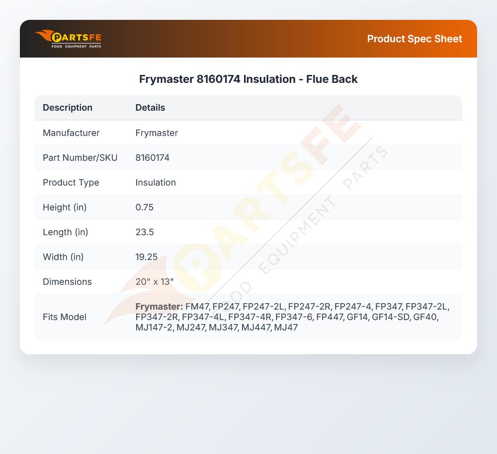 Frymaster 8160174 Insulation - Flue Back