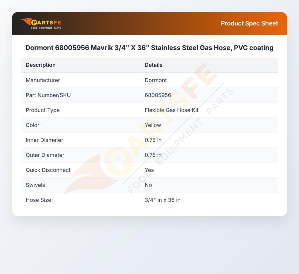 Dormont 68005956 Gas Hose Kit 3/4" X 36" Stainless Steel