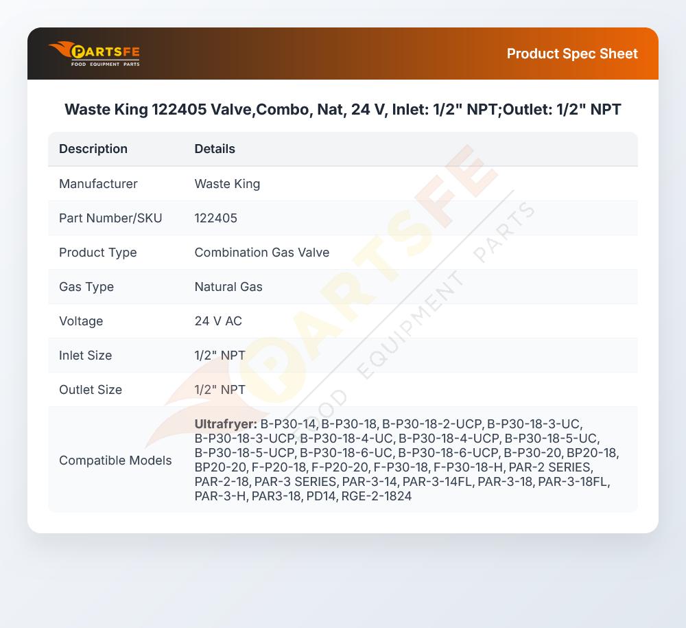 Waste King 122405 Combo Valve NAT Gas 24V&nbsp; 1/2" NPT&nbsp; Inlet 1/2" NPT Outlet