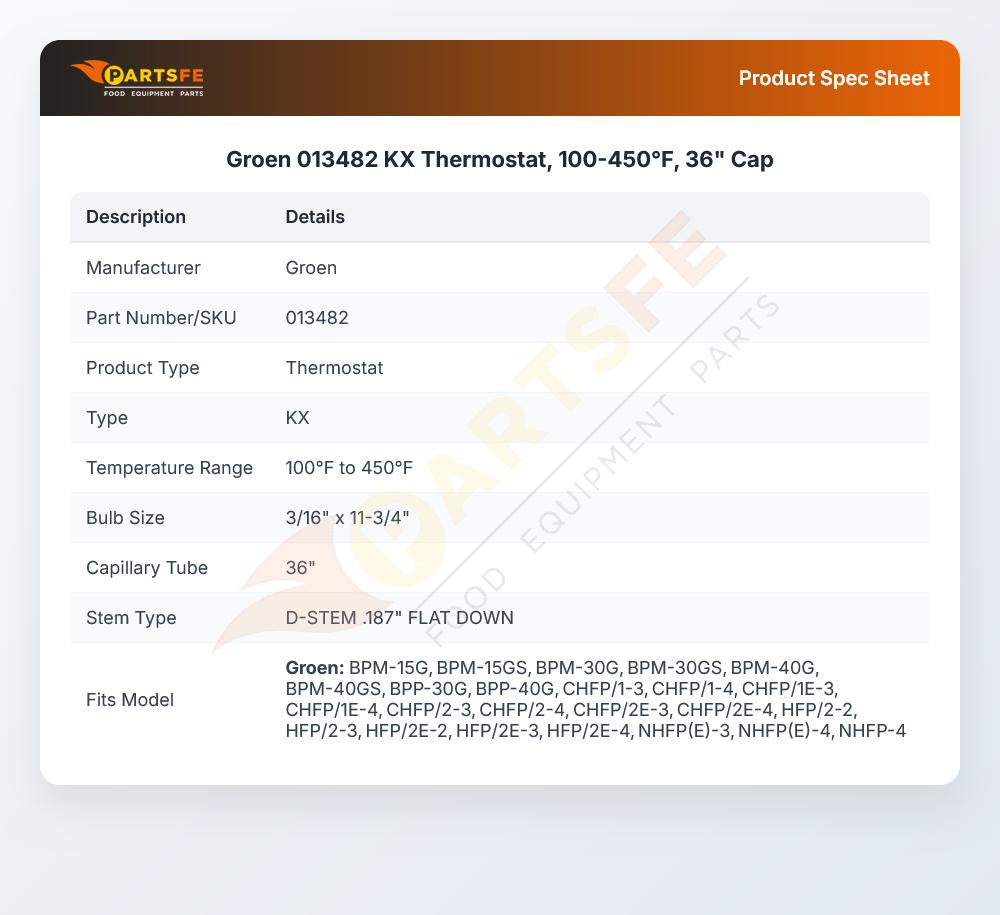 Groen 013482 KX Braising Pan Thermostat 100-450&deg;F 36" CAP