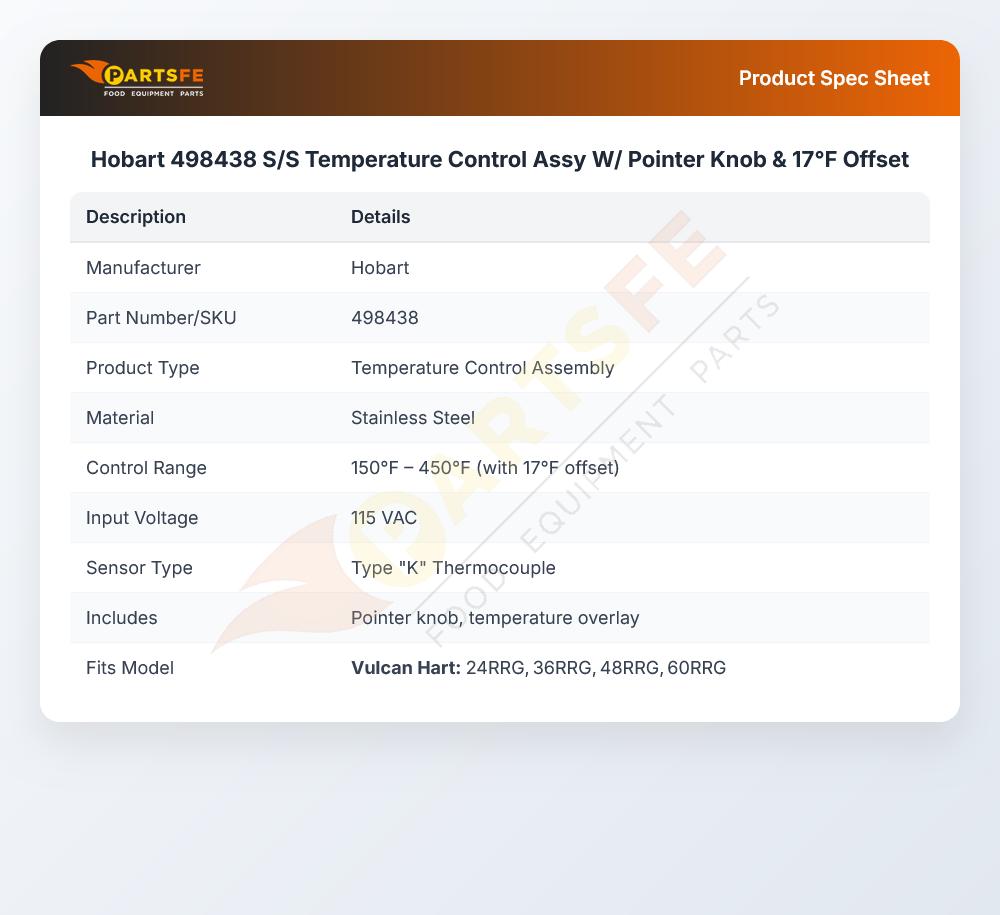 Hobart 498438 Temperature Control Assembly W/Pointer Knob S/S & 17&deg;F Offset
