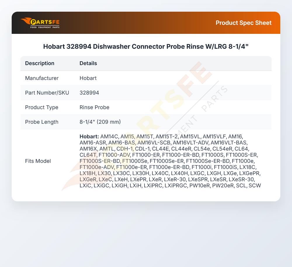 Hobart 328994 Dishwasher Connector Probe Rinse W/LRG 8-1/4"