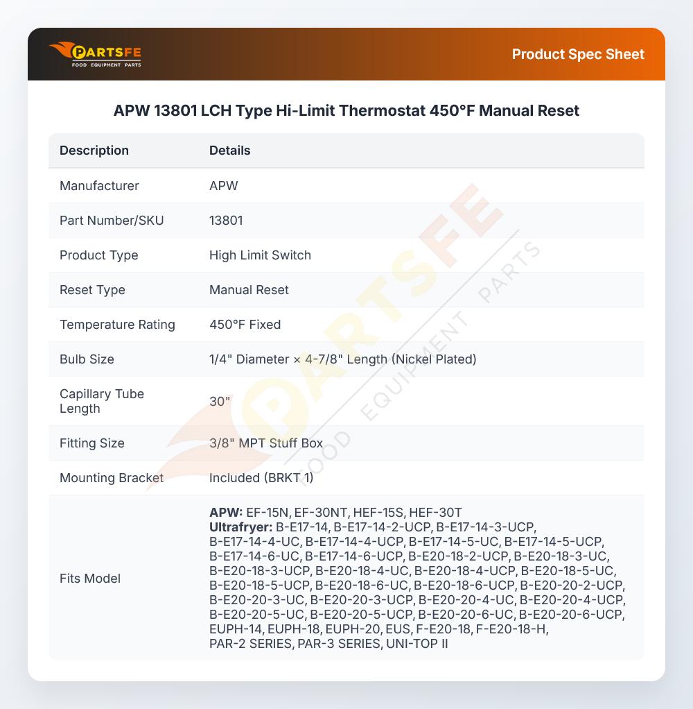 APW 13801 LCH Type Hi-Limit Thermostat 450&deg;F Manual Reset
