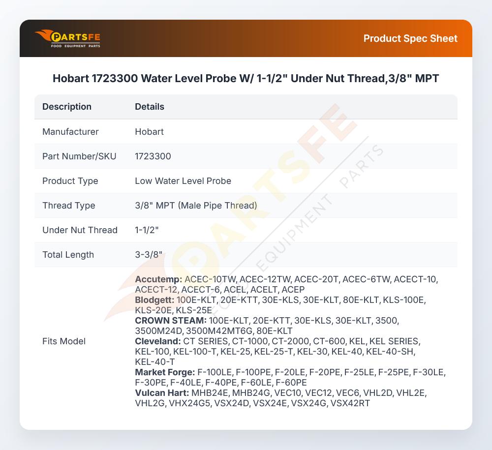 Hobart 1723300 Jacketed Kettle Water Level Probe W/1-1/2" Under Nut Thread 3/8" MPT