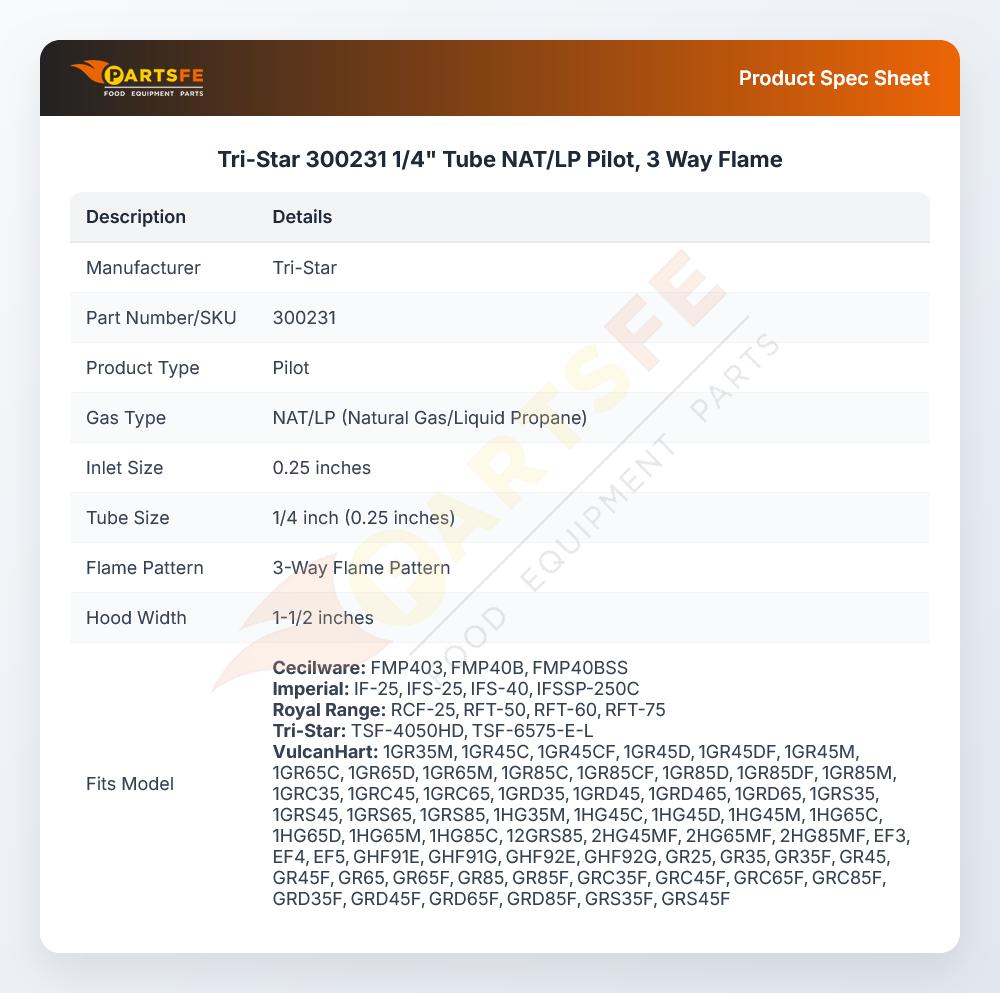 Tri-Star Mfg 300231 Fryer Pilot Burner Natural Gas