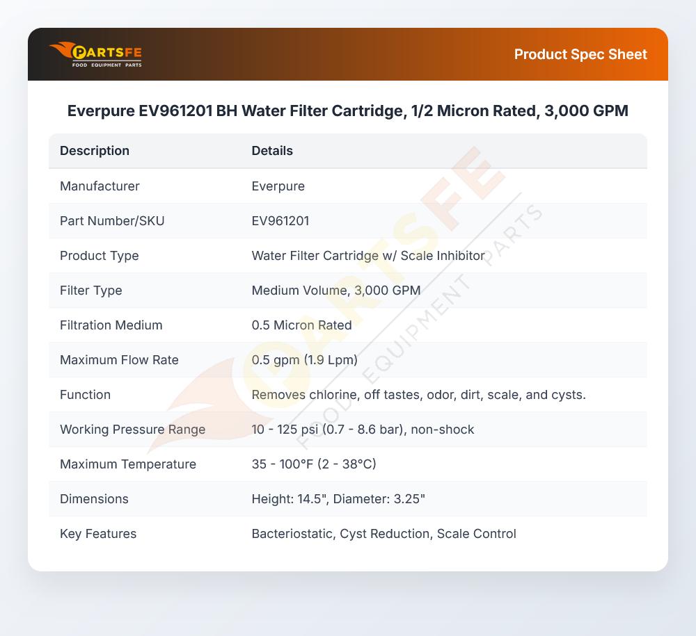 Everpure EV961201 BH Water Filter Cartridge 1/2 Micron 3000 GPM