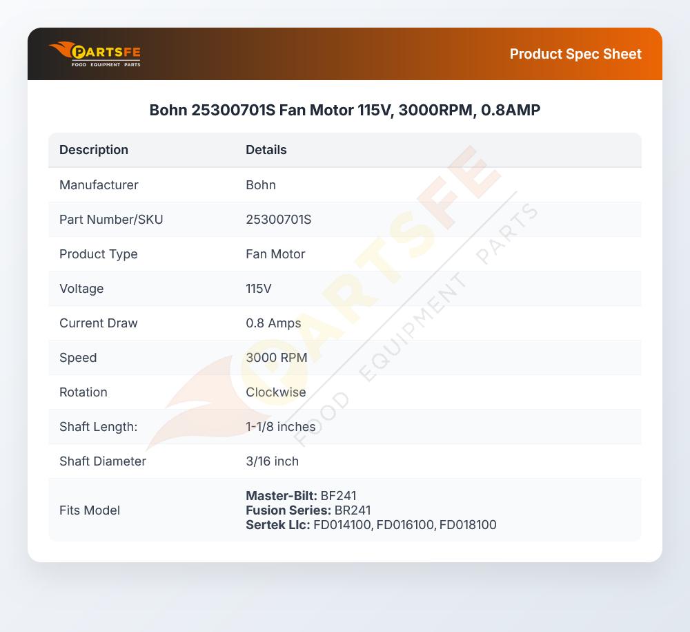 Bohn 25300701S Fan Motor 3000 RPM 0.8A 115V