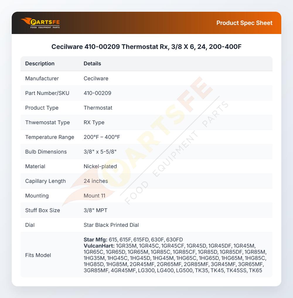 Cecilware 410-00209 Thermostat 3/8" X 6" X 24" 200&deg;F-400&deg;F RX